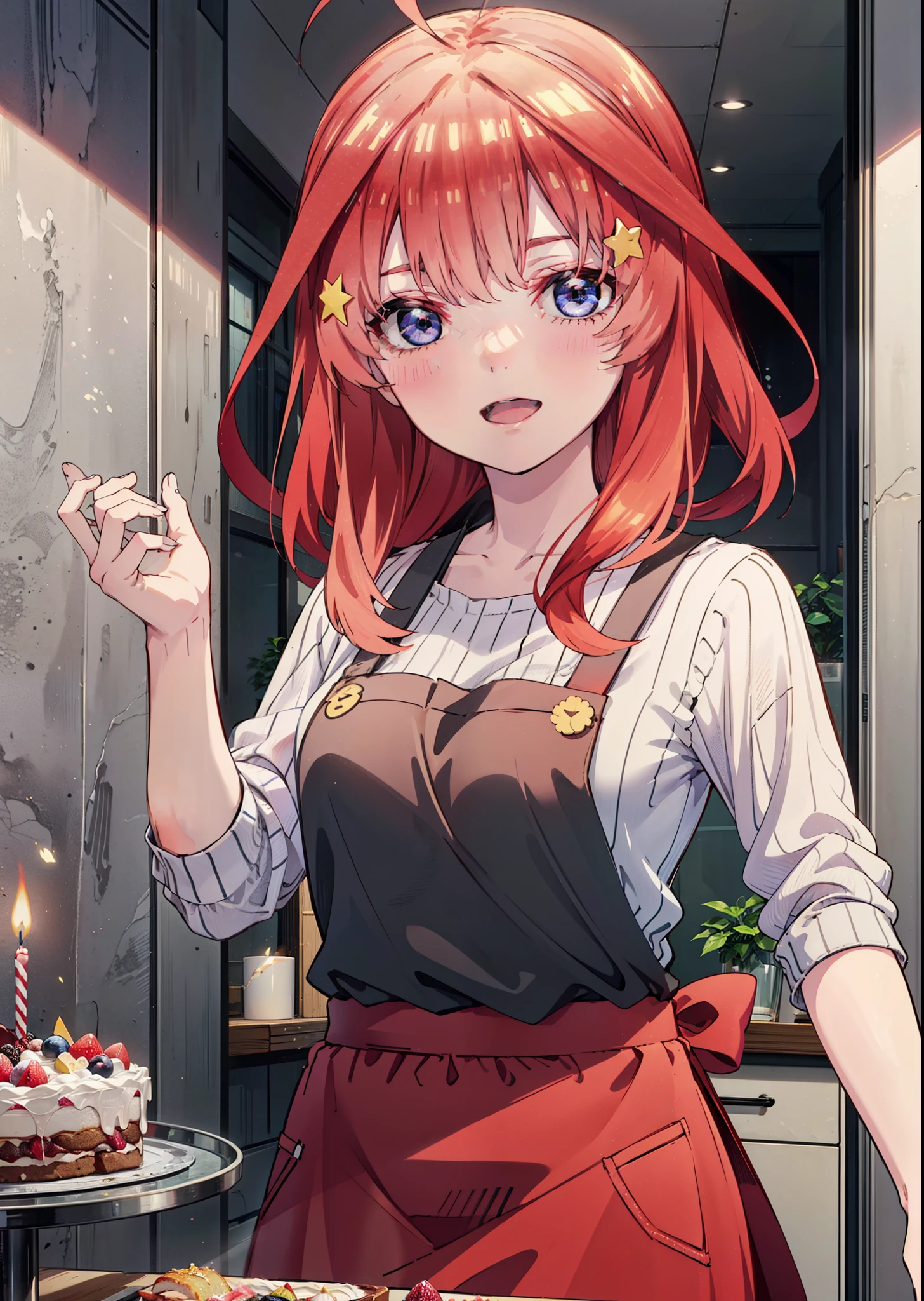 itsukinakano, Itsuki Nakano, bangs, blue eyes, Hair between the eyes, Ahoge, Redhead, star \(symbol\), hair ornaments,happy smile, smile, Open your mouth,cracker, star hair ornaments,Red Tank Top,Long skirt,Black pantyhose,apron,Walking,There is food and a birthday cake on the table,
break indoors, room,
break looking at viewer,Upper Body,
break (masterpiece:1.2), Highest quality, High resolution, unity 8k wallpaper, (figure:0.8), (Beautiful attention to detail:1.6), Highly detailed face, Perfect lighting, Highly detailed CG, (Perfect hands, Perfect Anatomy),
