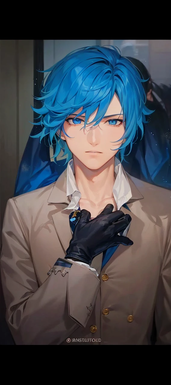 Masterpiece, best quality, tartaglia (genshin impact), gloves, mask, male focus, 1boy, blue eyes, black gloves, solo, orange hair, bangs, water, jacket, hair between the eyes, jewelry, scarf,