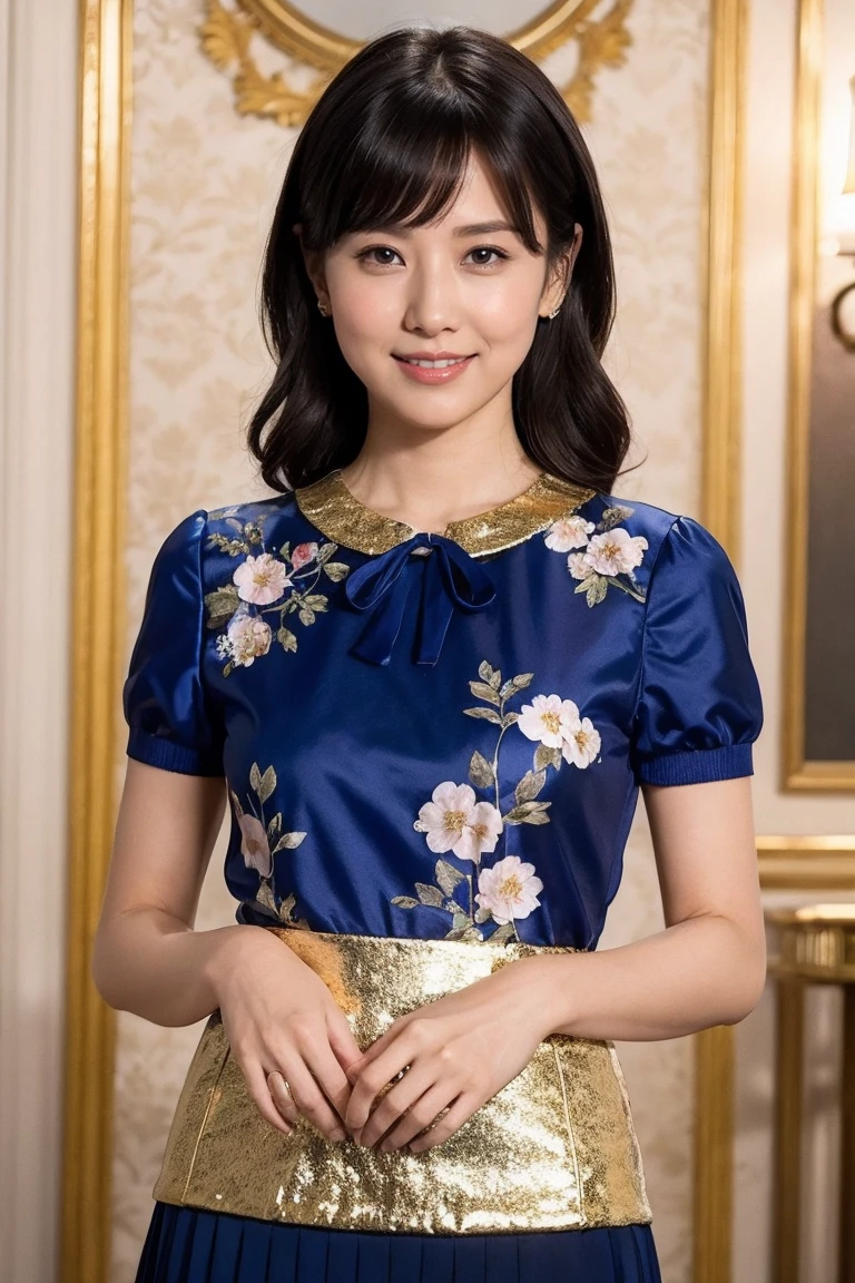 Medium display, Medium Shot, Written boundary depth, bust, Upper Body, Movie angle, masterpiece, Highest quality, Very detailed, CG, 8k wallpaper, Beautiful Face, Delicate eyes, Otome, alone, smile, bangs, skirt, shirt, have, Cobalt blue dress with gold trim, Laugh mischievously、Floral Background