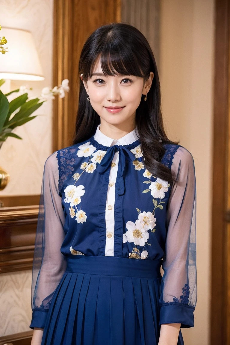 Medium display, Medium Shot, Written boundary depth, bust, Upper Body, Movie angle, masterpiece, Highest quality, Very detailed, CG, 8k wallpaper, Beautiful Face, Delicate eyes, Otome, alone, smile, bangs, skirt, shirt, have, Cobalt blue dress with gold trim, Laugh mischievously、Floral Background