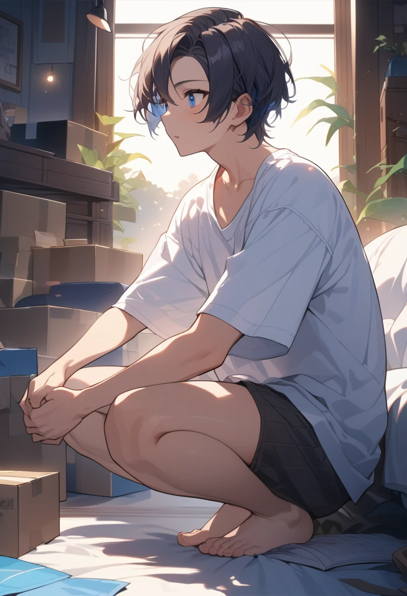 masterpiece, best quality, extremely detailed, ultra detailed, flat anime, 2D,
((1boy)),black hair, (short hair:1.5),blue eyes, height 1.7meters,  (circle eyes:1.2),  (young adult:1.2), Ear-length sideburns,
long Sleeves, White T-shirt, barefoot, 
squatting, looking away, expressionless,open mouth, upper body,from side,
summer, 12AM, livingroom,organizing the boxes., I'm looking at the material in my hand.