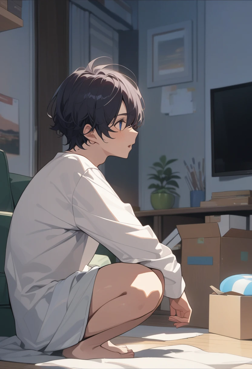 masterpiece, best quality, extremely detailed, ultra detailed, flat anime, 2D,
((1boy)),black hair, (short hair:1.5),blue eyes, height 1.7meters, (circle eyes:1.2), (young adult:1.2), Ear-length sideburns,
long Sleeves, White T-shirt, barefoot,
squatting, looking away, expressionless,open mouth, upper body,from side,
summer, 12AM, livingroom,organizing the boxes., I'm looking at the material in my hand.