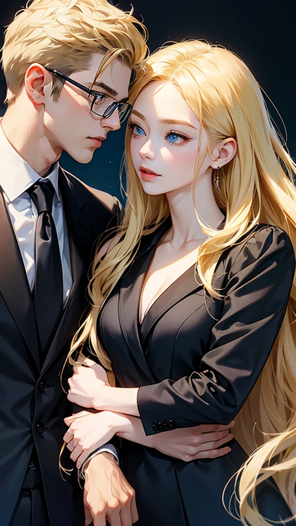 With anime style illustrations、A young man and woman couple appears。The man has blue eyes、Wearing a black suit jacket。The woman is blonde and wears glasses.、She&#39;s wearing soft pink clothes。The two of them pose intimately、The background has vibrant blue and pink tones that evoke a romantic atmosphere.。A woman grabs a man&#39;s jacket、It emphasizes the intimacy between the two。