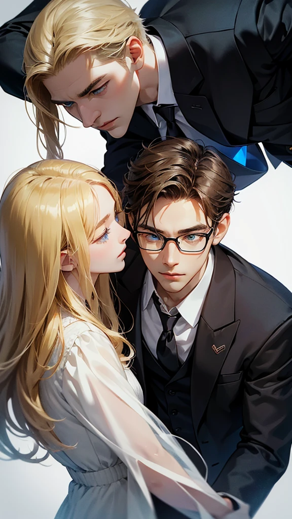 With anime style illustrations、A young man and woman couple appears。The man has blue eyes、Wearing a black suit jacket。The woman is blonde and wears glasses.、She&#39;s wearing soft pink clothes。The two of them pose intimately、The background has vibrant blue and pink tones that evoke a romantic atmosphere.。A woman grabs a man&#39;s jacket、It emphasizes the intimacy between the two。