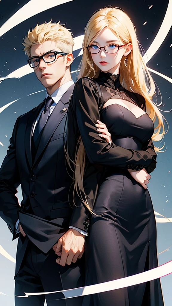 With anime style illustrations、A young man and woman couple appears。The man has blue eyes、Wearing a black suit jacket。The woman is blonde and wears glasses.、She&#39;s wearing soft pink clothes。The two of them pose intimately、The background has vibrant blue and pink tones that evoke a romantic atmosphere.。A woman grabs a man&#39;s jacket、It emphasizes the intimacy between the two。