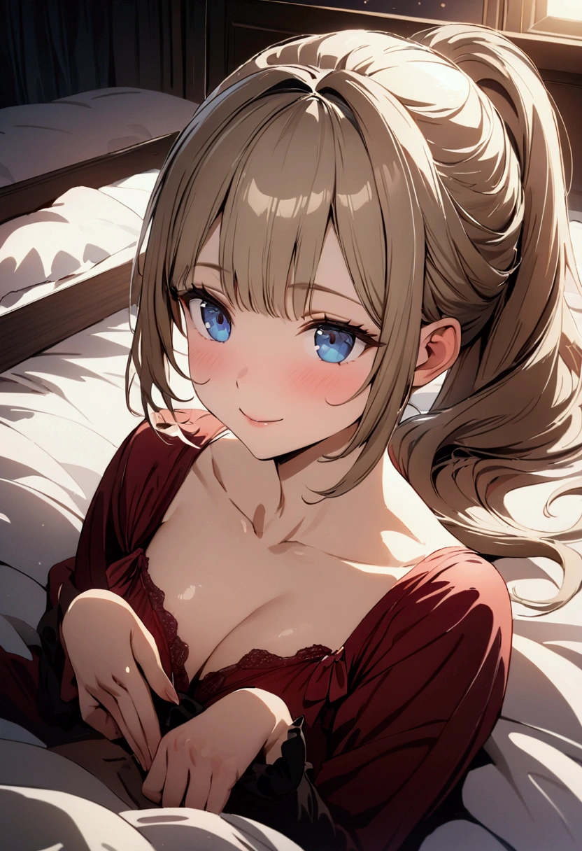 ((greatest masterpiece:1.3, ultimate quality:1.3, ultra-detailed:1.2)), (movie lighting), ((perfectly sensual)), super fine illustration, an extremely delicate and beautiful, 4K, 8K, 16K, UHD, 21 years old, extremely beautiful college student, cute, light brown hair, ponytail, baby face, blue eyes, perfect proportions, adult sex appeal, bedroom, red baby doll, inviting gestures, bewitching smile, lying down,