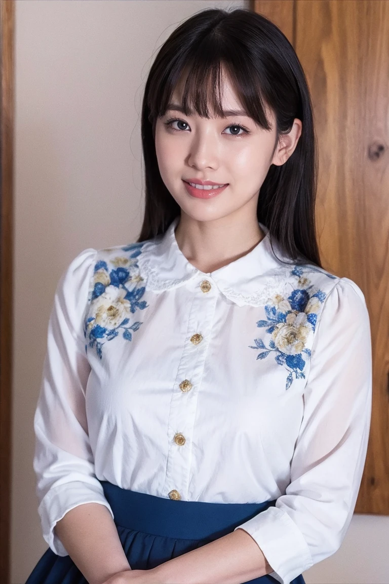 Medium display, Medium Shot, Written boundary depth, bust, Upper Body, Movie angle, masterpiece, Highest quality, Very detailed, CG, 8k wallpaper, Beautiful Face, Delicate eyes, Otome, alone, smile, bangs, skirt, shirt, have, Cobalt blue dress with gold trim, Laugh mischievously、Floral Background