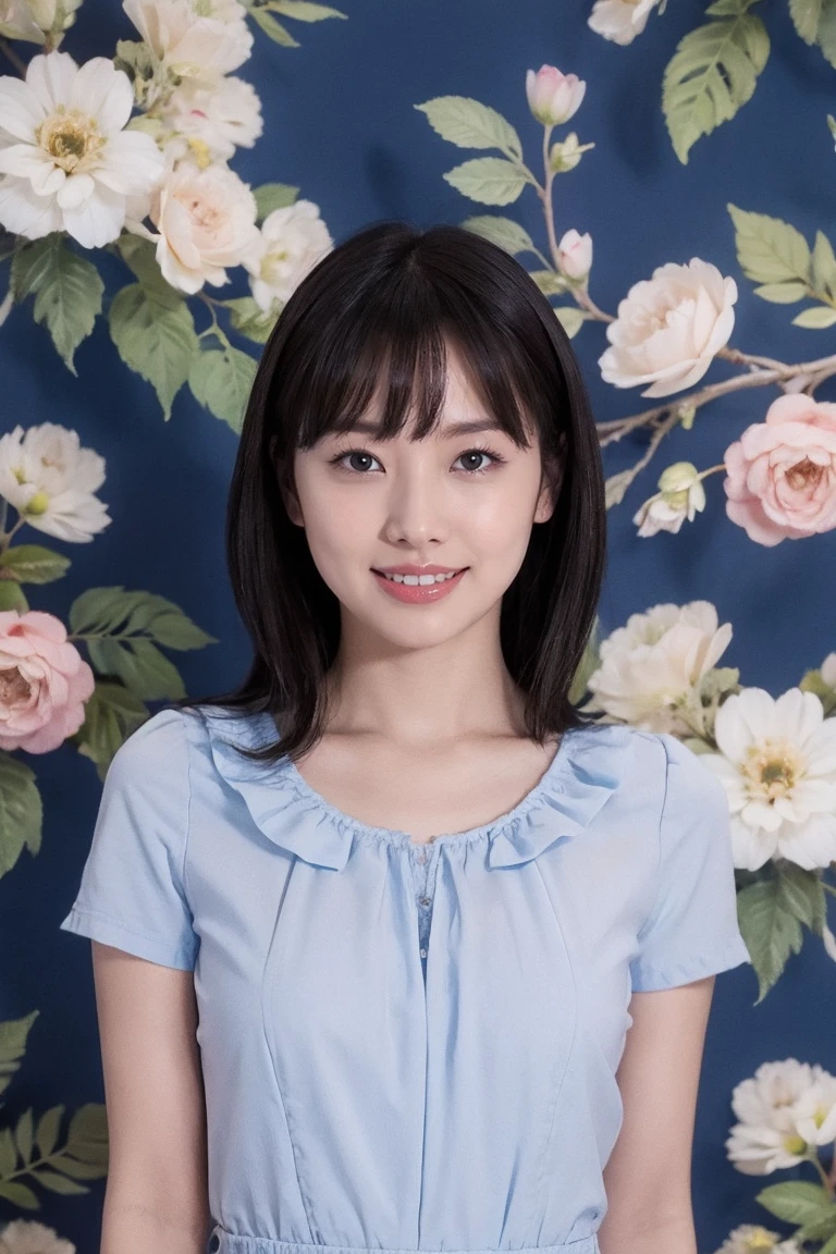 Medium display, Medium Shot, Written boundary depth, bust, Upper Body, Movie angle, masterpiece, Highest quality, Very detailed, CG, 8k wallpaper, Beautiful Face, Delicate eyes, Otome, alone, smile, bangs, skirt, shirt, have, Cobalt blue dress with gold trim, Laugh mischievously、Floral Background