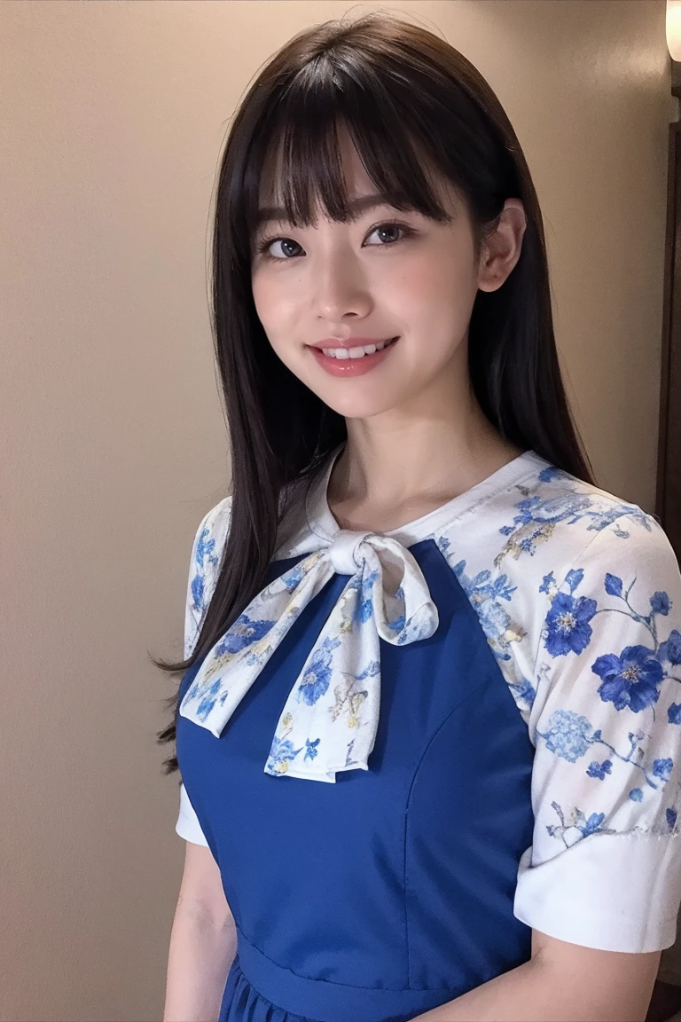 Medium display, Medium Shot, Written boundary depth, bust, Upper Body, Movie angle, masterpiece, Highest quality, Very detailed, CG, 8k wallpaper, Beautiful Face, Delicate eyes, Otome, alone, smile, bangs, skirt, shirt, have, Cobalt blue dress with gold trim, Laugh mischievously、Floral Background
