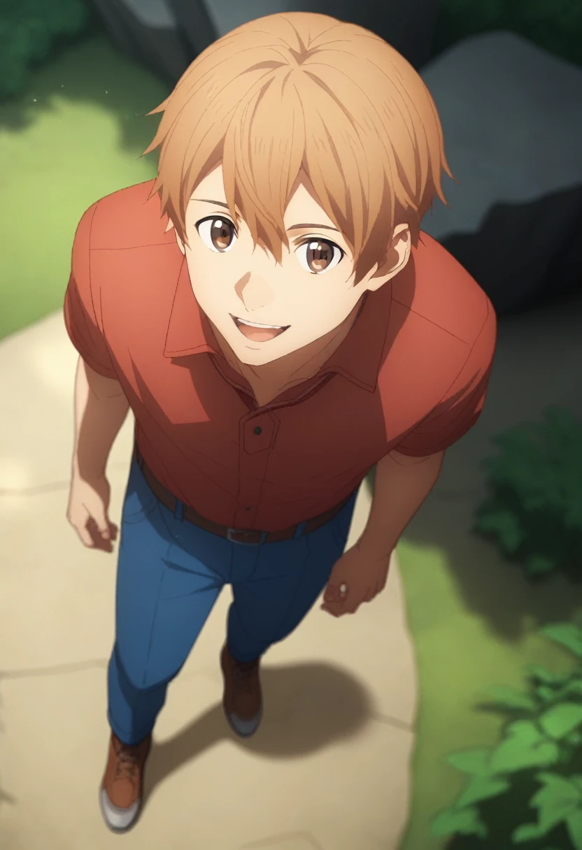 score_9, score_8_up, score_7_up, source_anime, rating_safe, , (photorealistic:0.6), looking at viewer, depth of field, 1boy, solo, male focus, eugeo, blond hair, brown eyes, from above, full body, grand canyon, noon, leaning on object, happy, ,