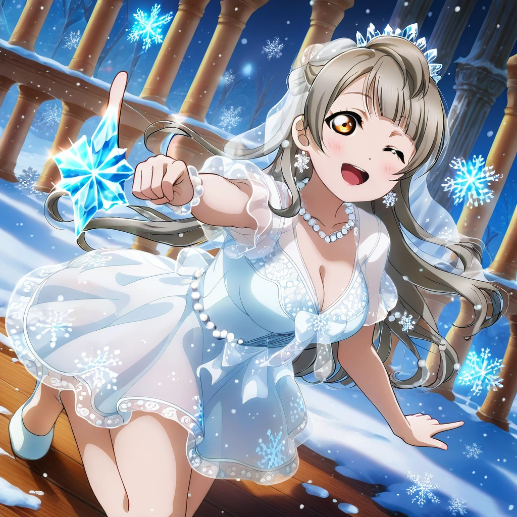 minami kotori, love live!, gray hair, amber eyes, long hair, 1girl, detailed ice blue background, one eye closed, dress, smile, open mouth, bow, necklace, jewelry, looking at viewer, pearl necklace, see-through, blush, earrings, ;d, black bow, snowflake, light blue dress, hair ornament, fantasy, beads, white dress, collarbone, ice palace, mystical, ice, winter, snowy, snow, cleavage, bare legs, ice tiara, magic, magical energy, icy winds, frost, casting magic, ice magic, see-through, ice floor, ice walls, ice gloves, pointing at viewer, 
BREAK
score_9, score_8_up, score_7_up, score_6_up, source_anime 