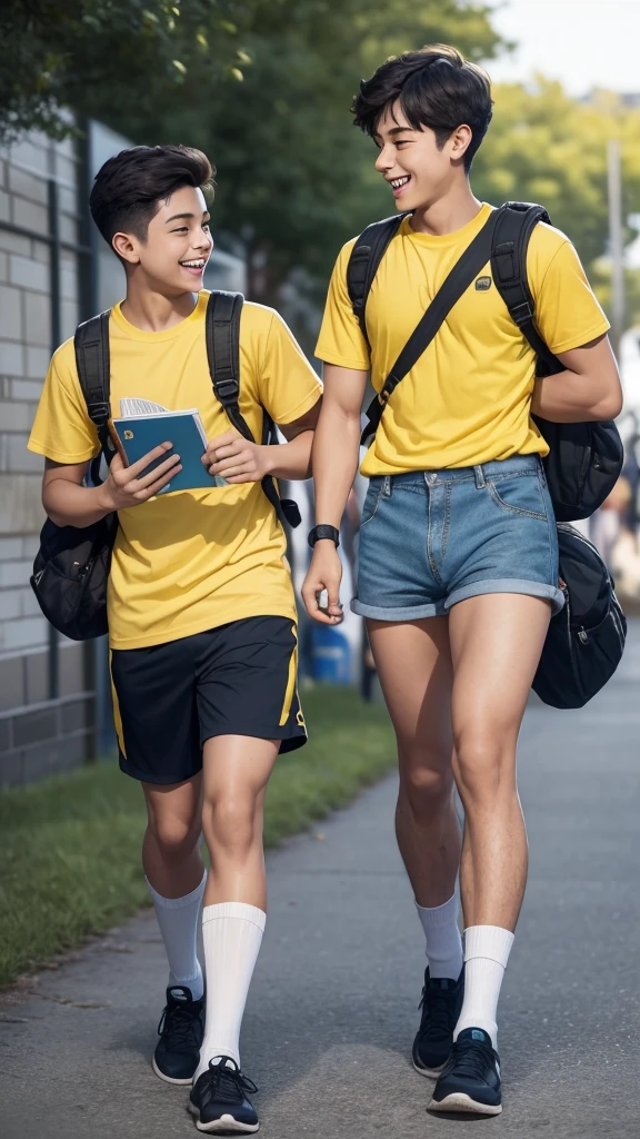 A heartwarming moment between two best friends, both 20-year-old boys, as they stride confidently towards their school on a vibrant, sun-kissed morning. The boy in the foreground, with a round, jovial face and a hint of a double chin, is dressed in a canary yellow T-shirt that stretches comfortably over his cheerful demeanor. His attire is completed with a pair of thigh-high shorts in the same shade of yellow, showcasing his thick, muscular legs and a delightful sense of fashion. Adorning his ankles are a set of mismatched, knee-high socks—one with cartoon fish and the other with colorful polka dots—adding a whimsical touch to his ensemble. His eyes sparkle with mischief, hunting at the playful banter that surely fills their walks together. His friend, a slender young man with a cute, dimpled smile, mirrors his outfit with an identical yellow T-shirt and thigh-high shorts, yet opts for more coordinated striped socks. Both friends share a hearty laugh as they compare their sock choices, their camaraderie lighting up the scene. Their backpacks, slung over their shoulders, are filled with books and the anticipation of the school day ahead. The yellow theme of their outfits pops against the deep blue of their backpacks, which are adorned with patches representing their favorite hobbies and interests. The background is a picturesque blend of the schoolyard with its blooming flowers, lush greenery, and a few fellow students milling about, creating a sense of a warm, welcoming environment. The sun casts long shadows behind them, emphasizing their strong bond as they navigate the path of friendship and education hand in hand. The atmosphere is one of youthful exuberance and companionship, capturing the essence of two souls who embrace their individuality and find joy in their shared experiences.