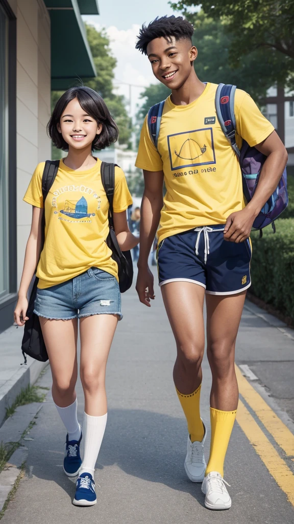 A heartwarming moment between two best friends, both 20-year-old boys, as they stride confidently towards their school on a vibrant, sun-kissed morning. The boy in the foreground, with a round, jovial face and a hint of a double chin, is dressed in a canary yellow T-shirt that stretches comfortably over his cheerful demeanor. His attire is completed with a pair of thigh-high shorts in the same shade of yellow, showcasing his thick, muscular legs and a delightful sense of fashion. Adorning his ankles are a set of mismatched, knee-high socks—one with cartoon fish and the other with colorful polka dots—adding a whimsical touch to his ensemble. His eyes sparkle with mischief, hunting at the playful banter that surely fills their walks together. His friend, a slender young man with a cute, dimpled smile, mirrors his outfit with an identical yellow T-shirt and thigh-high shorts, yet opts for more coordinated striped socks. Both friends share a hearty laugh as they compare their sock choices, their camaraderie lighting up the scene. Their backpacks, slung over their shoulders, are filled with books and the anticipation of the school day ahead. The yellow theme of their outfits pops against the deep blue of their backpacks, which are adorned with patches representing their favorite hobbies and interests. The background is a picturesque blend of the schoolyard with its blooming flowers, lush greenery, and a few fellow students milling about, creating a sense of a warm, welcoming environment. The sun casts long shadows behind them, emphasizing their strong bond as they navigate the path of friendship and education hand in hand. The atmosphere is one of youthful exuberance and companionship, capturing the essence of two souls who embrace their individuality and find joy in their shared experiences.