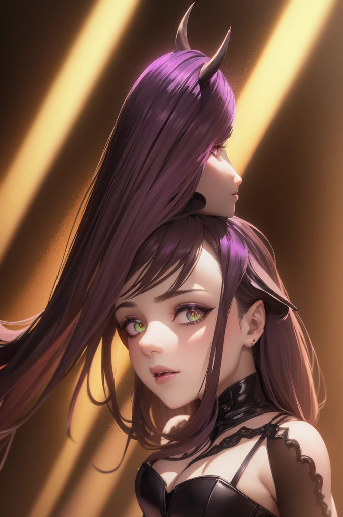 a demonic succubus woman with purple wings and tail, brown hair, golden eyes, thin purple horns, wearing a white dress with a leather jacket, fine facial features and almond-shaped eyes, (best quality,4k,8k,highres,masterpiece:1.2),ultra-detailed,(realistic,photorealistic,photo-realistic:1.37),digital painting,concept art,fantasy,dark fantasy,dramatic lighting,dramatic shadows,cinematic,moody,vibrant colors,glowing eyes