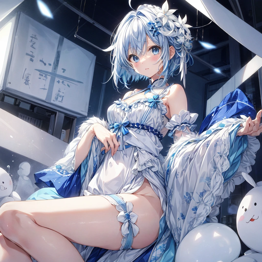 A picture facing the viewer、Original cute hairstyle、Milky white and blue hair color、