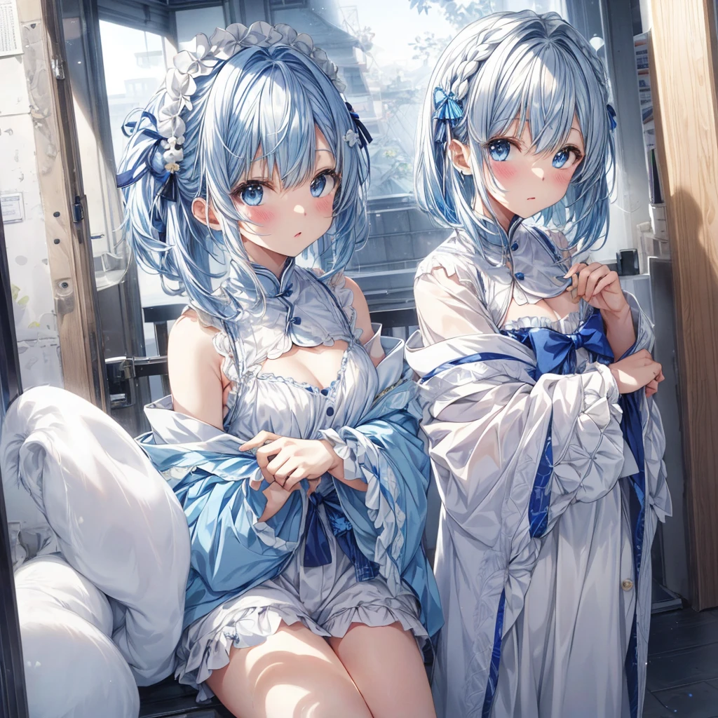 A picture facing the viewer、Original cute hairstyle、Milky white and blue hair color、