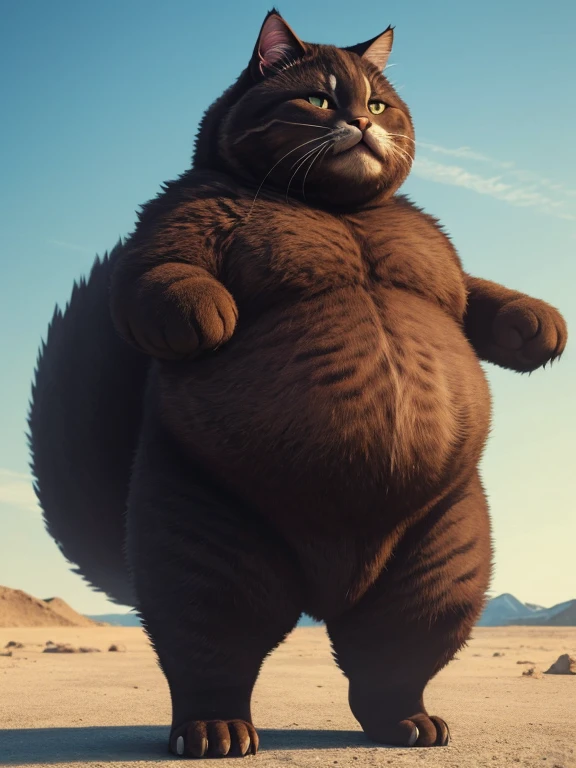 (best quality, 4K, masterpiece:1.3), hyperrealistic, cute fluffy fat cat crossed with Tyrannosaurus, standing on hind legs, short front legs, mohawk on back.
