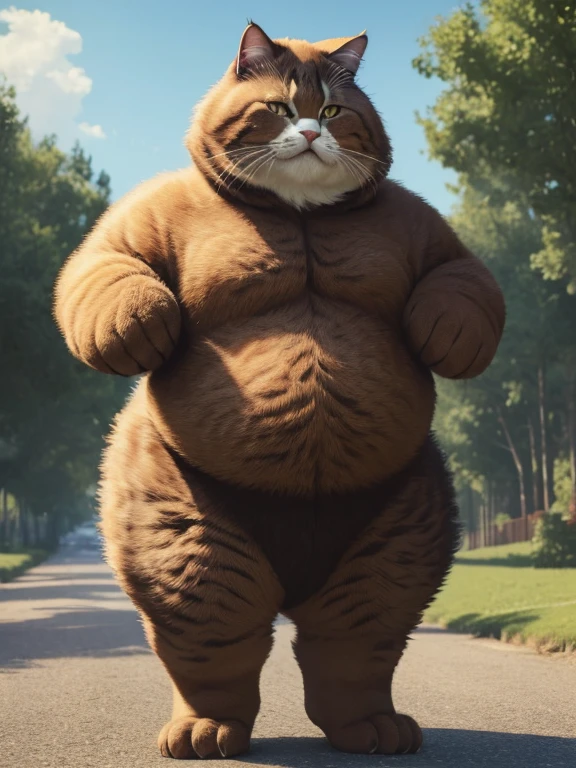 (best quality, 4K, masterpiece:1.3), hyperrealistic, cute fluffy fat cat crossed with Tyrannosaurus, standing on hind legs, short front legs, mohawk on back.