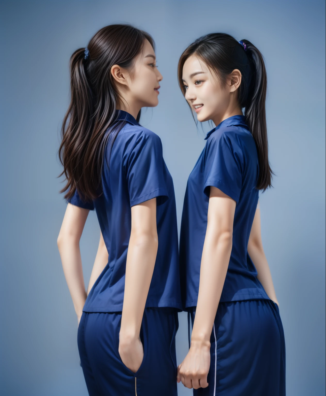 (best quality,10,10,height,Masterpiece:1.2),Special details,(realistic,ภาพrealistic,Realistic photos:1.37),1 Cute girl in the kitchen,shiny, ผิวshiny,only,smile softly,BDclothelue shirt:1.3)),short sleeve,shirt, กางเกงขาlong.,(navy_long_track pants:1.1), ((Kitchen Background)),Dynamic angle,excited,Face focus,dynamic poses,from behind,focus on ,Masterpiece, best quality, ultra realistic, hyper detail, 8k resolution, raw photos, Sharp focus, ((Navy blue shirt:1.1)), short sleeve, เส้นทางlong, perfect body, 2 matmen, 18 years old, Cinema-grade lighting system,blue sweatpants,shirtผ้าออกกำลังกาย,correct anatomy,perfect body, correct body, Sharp face, correct bodyทางกายวิภาค, full body, realistic gestures, long-haired, realistic poses,Wear long shorts...........................,ช่วงขาlong,Good shape,carved girl, Slender figure, model, Good shape, beautiful body,blue sweatpants, two girls kissing