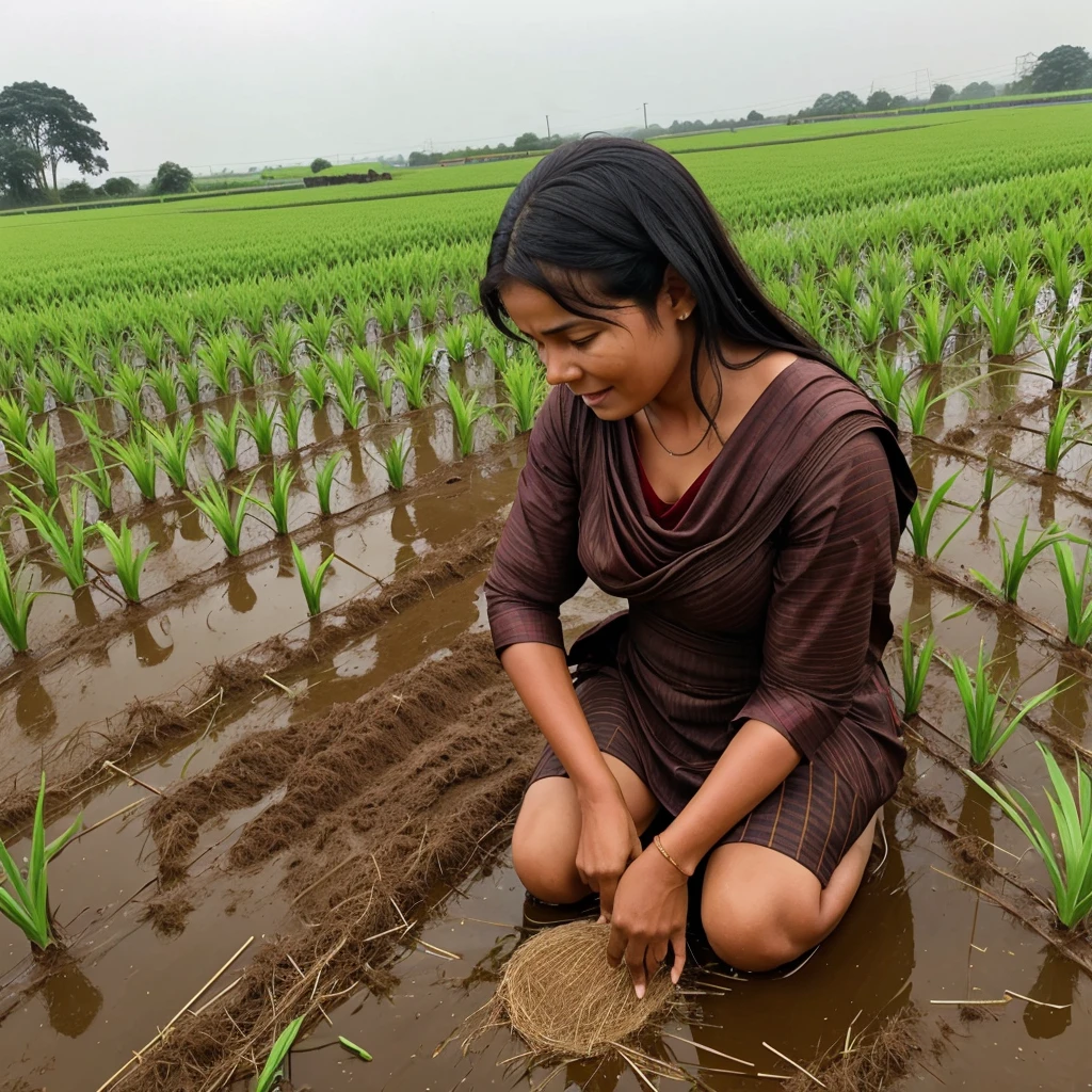 A mother is planting paddy in the field with her and it is raining heavily, the children are crying.