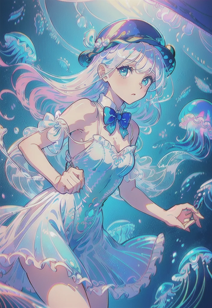 ((masterpiece)),(illustration),(((best quality)),iridescent,
((beautiful detailed girl)),jellyfish_girl,small breast,upper_body,
(delicate cute face),lovestruck,(iridescent eyes),
((floating_hair)),iridescent,(jellyfish_hat),bow,
dark_blue dress,bowties,laces,ribbons,pearl,
(in deep_sea),fishes,(jellyfish),beautiful landscape,