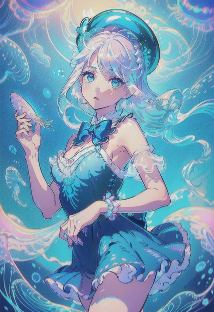 ((masterpiece)),(illustration),(((best quality)),iridescent,
((beautiful detailed girl)),jellyfish_girl,small breast,upper_body,
(delicate cute face),lovestruck,(iridescent eyes),
((floating_hair)),iridescent,(jellyfish_hat),bow,
dark_blue dress,bowties,laces,ribbons,pearl,
(in deep_sea),fishes,(jellyfish),beautiful landscape,