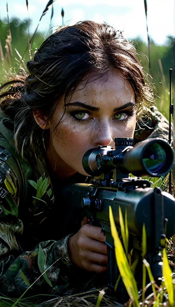 Full body shot, sniper in full camuflage, camuflage make up in face, lay in high grass, aiming sniper rifle, realistic, photorealistic, cinematic, dark fantasy, horror, masterpiece, 8k, high quality, extremely detailed, detailed facial features, extremely detailed eyes
