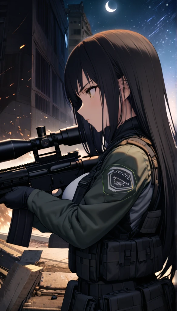 Highest quality, Highest quality, 16K, Unbelievably absurd, Very detailed, delicate and dynamic, Natural light, The particles reflect light, Diffuse reflection of light, Vortex of Light, war zone, bombs blusting around, dark outfield, ruined big city, roof top of ruined building, moon night, milky way, illumination, Create amazing image effects, Upper body close-up, (sole sexy girl, big Firm bust, , powerful, A professional sniper,, shooting a target with M16 auto rifle, swat uniform,)