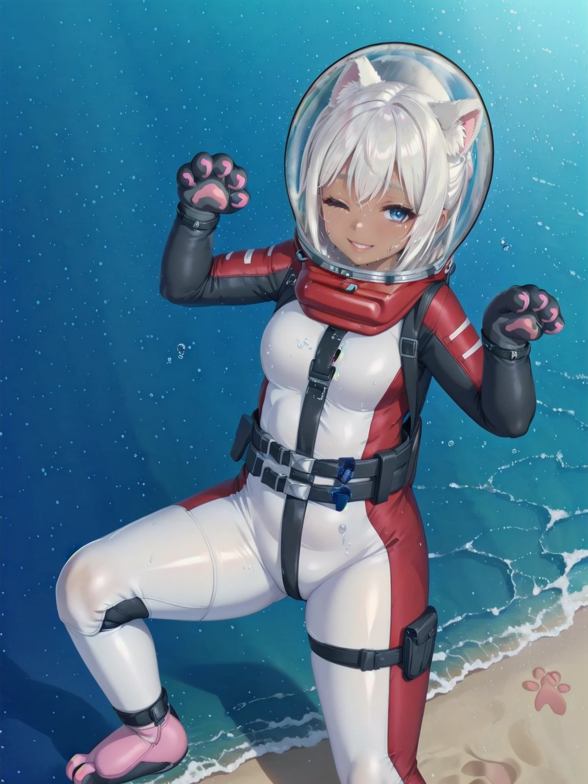 Highly detailed CG, 8k wallpaper, best quality, masterpiece, higher eyes and nose, very delicate and beautiful, beautiful, detailed,, (blue eyes: 1), (beautiful hands), (beautiful fingers) , , necklace (water:1.6), (beach:1.5), (messy hair:1.5), (leaning forward:1), looking at the viewer, (smile:1.3), (one eye closed:1.2) , (sweating), (beautiful toes), (:1.5), (1girl), (ash white hair:1.5),(middle hair:1 ), (dark skin: 1.4), (thigh circumference: 1.3) , beautiful, narrow waist, white thigh highs, narrow waist, thighs, wide hips, eyeliner, eyelashes, perfect face, detailed eyes, (dark skin : 1.5),,,(spacesuit: 1.15) , white cargo pants, astronaut )bubble helmet, space helmet, space helmet, CAT EARS, bubble helmet, eva helmet, (paw pose:1.6)