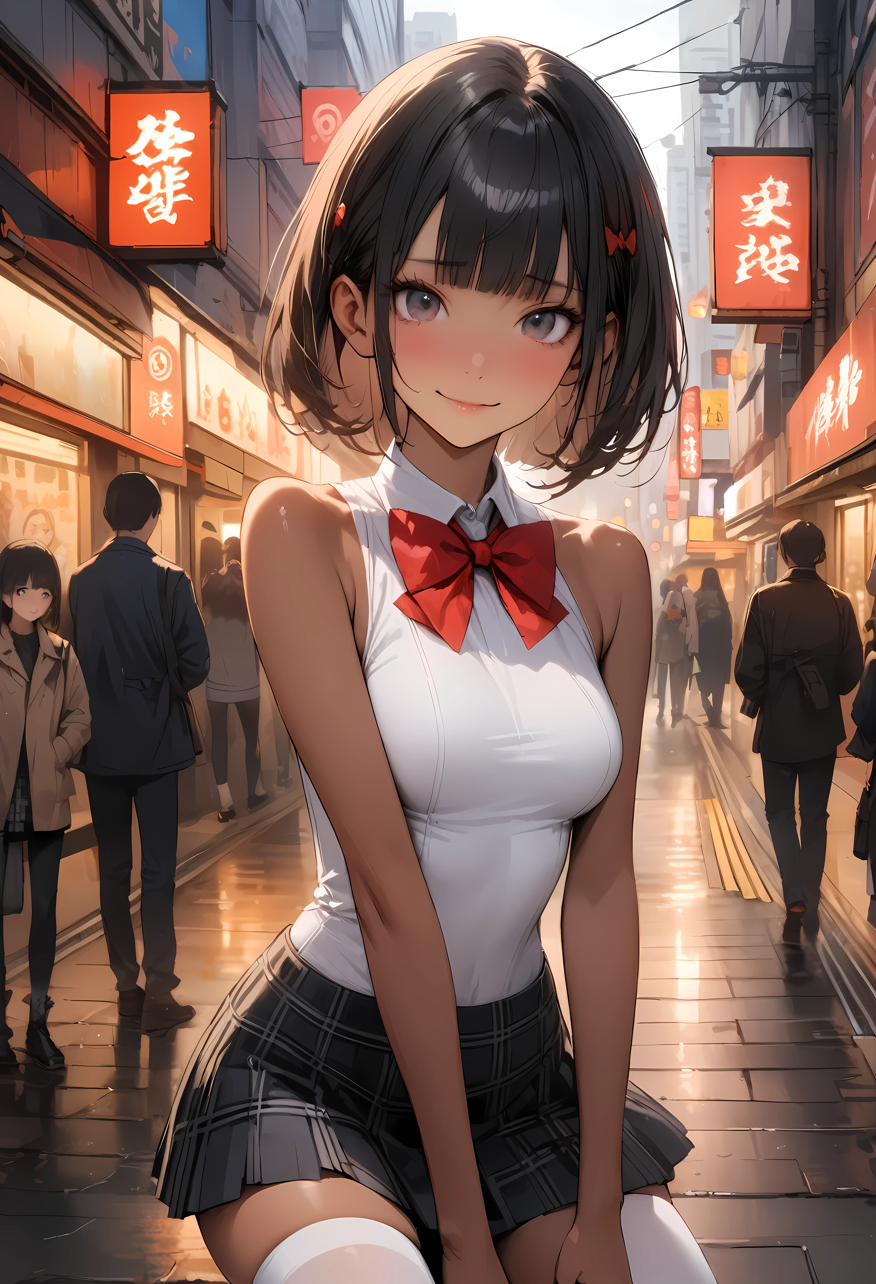 ((masterpiece,Highest quality:1.3,best quality illustration)),((realistic)),cowboy shot,solo,1woman,(20 year old beauty),black hair,short bob hair,blunt bangs,black eyes,gorgeous big eyes,((very small head:1.3)),shy,smile,((very long body:1.3,skinny,tan skin)),medium breasts,(Red bow tie、White sleeveless shirt、Black plaid mini skirt、white_thighhighs),gleaming skin,toned body,slender body,standing,on street,neon、Shibuya Station、