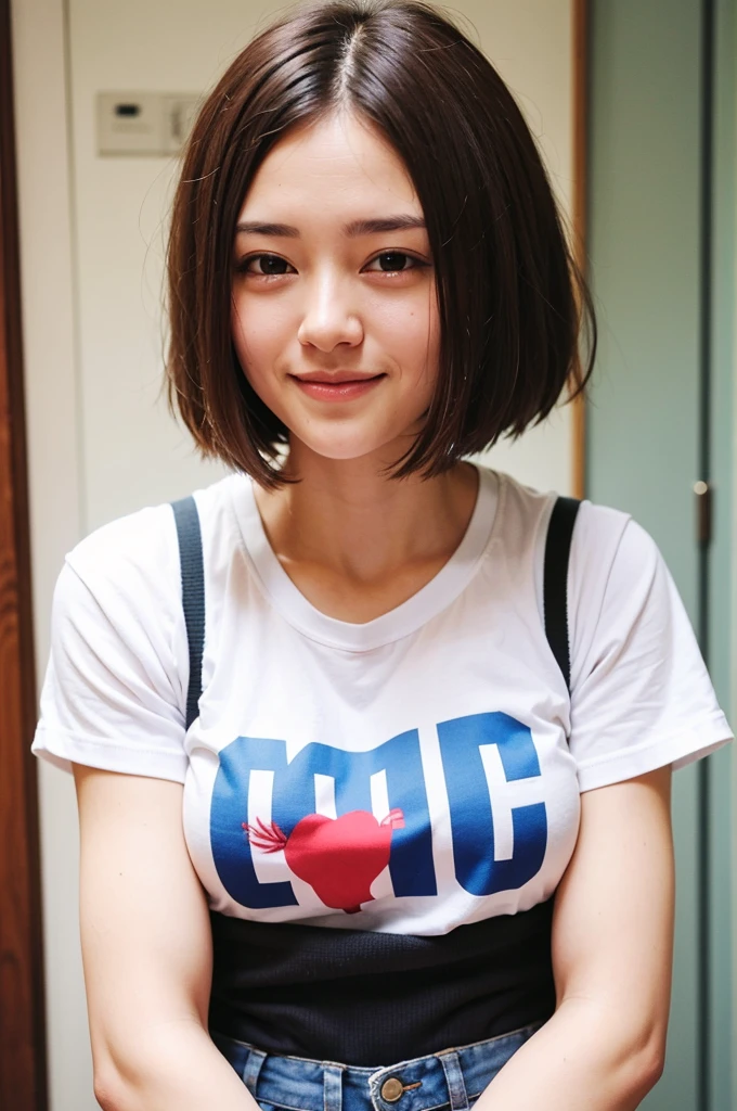 Top quality, 1 beautiful woman, super short Hair, shy Smile, wearing t-shirt, From low