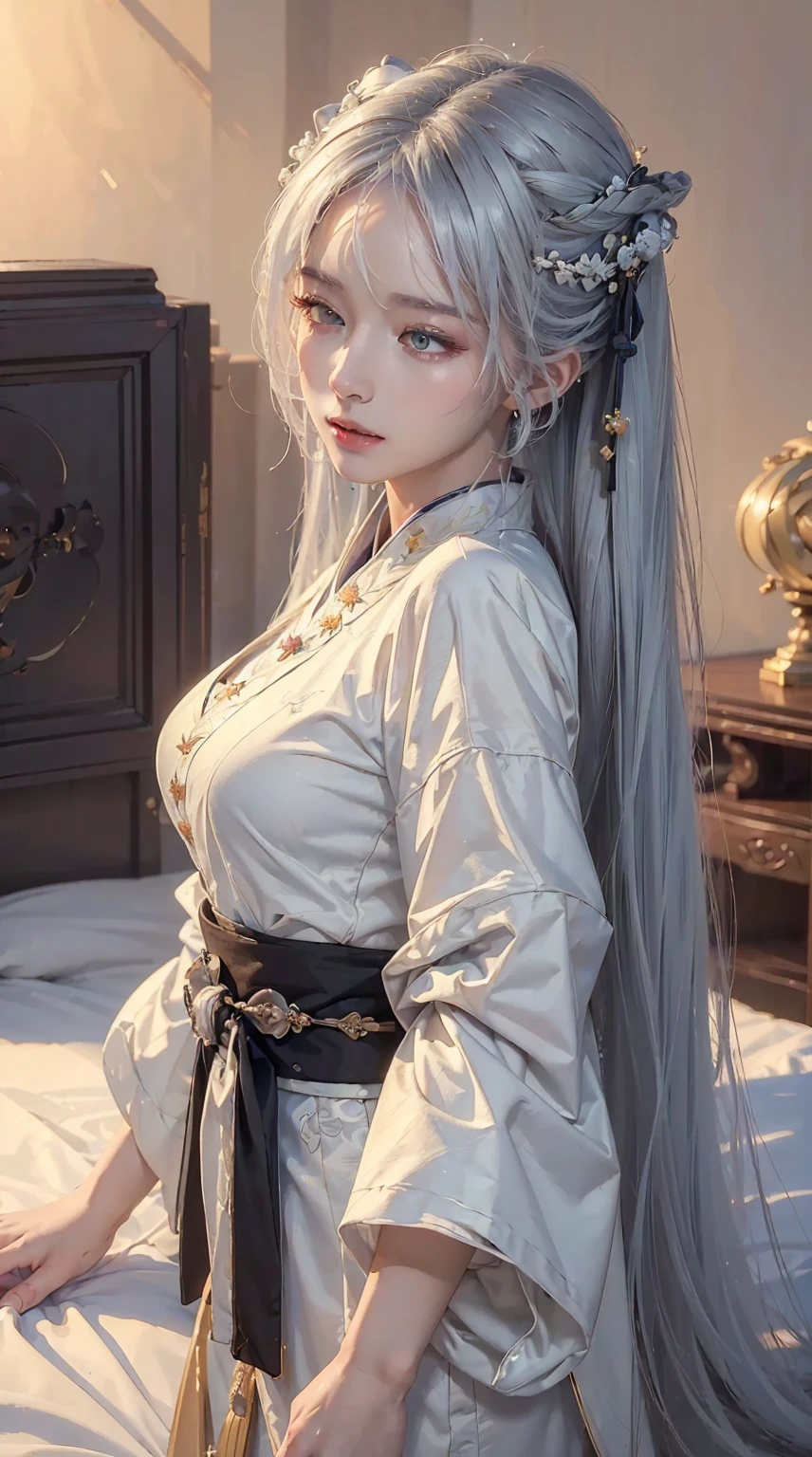 ((best quality)),((Excellent quality, 8K, masterpiece: 1.5)), Clarity: 1.4, Perfect body beauty: 1.4, Sexy Hanfu,I can see your lesbian,White hair,Moist skin, Sleeping in bed,Backward Pose,film texture,Facing the camera