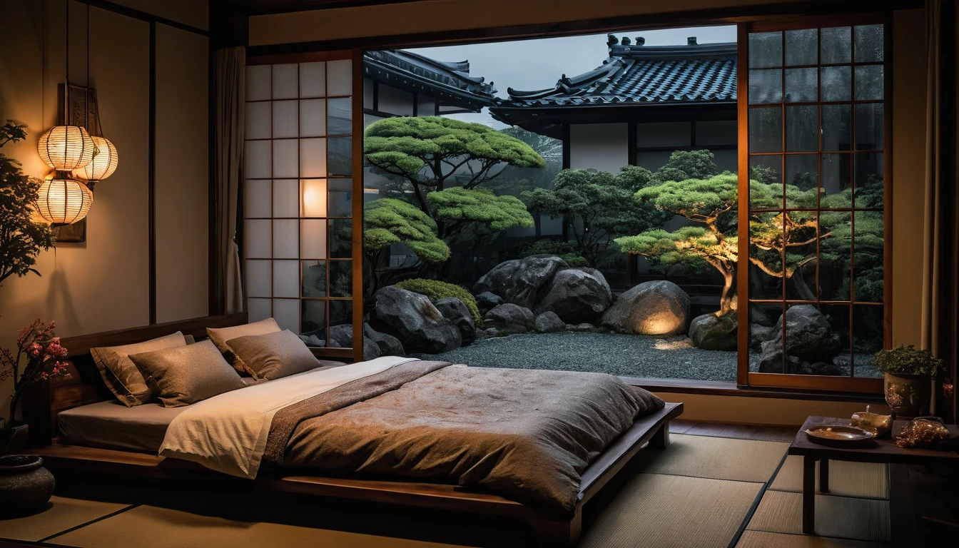 The picture shows a cozy, gloomy, Japanese bedroom with a large window offering a view of the garden, beautiful, dimly lit ornate stones AND a garden filled with FLOWERS, stones from the concept of a Japanese house. CINEMATIC, JAPANESE HOUSE, the shape of a Japanese house, and lots of flower gardens in the garden. The bed was unmade with rumpled sheets, indicating only light sleep. the room is dark, gloomy, looks dim, gloomy. Beside the bed there is a small table with a classic lamp that radiates warm light into the room. Outside the window you can see the lush green of the terrace or balcony area, raindrops, the lamp on the left provides warm lighting, creating a calm and peaceful atmosphere. with fog obscuring part of the view in the distance. The contrast between the warmth indoors and the rain outdoors creates an inviting and calming atmosphere