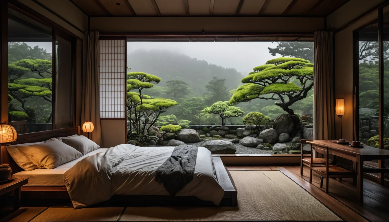 The picture shows a cozy, gloomy, Japanese bedroom with a large window offering a view of the garden, beautiful, dimly lit ornate stones AND a garden filled with FLOWERS, stones from the concept of a Japanese house. CINEMATIC, JAPANESE HOUSE, the shape of a Japanese house, and lots of flower gardens in the garden. The bed was unmade with rumpled sheets, indicating only light sleep. the room is dark, gloomy, looks dim, gloomy. Beside the bed there is a small table with a classic lamp that radiates warm light into the room. Outside the window you can see the lush green of the terrace or balcony area, raindrops, the lamp on the left provides warm lighting, creating a calm and peaceful atmosphere. with fog obscuring part of the view in the distance. The contrast between the warmth indoors and the rain outdoors creates an inviting and calming atmosphere