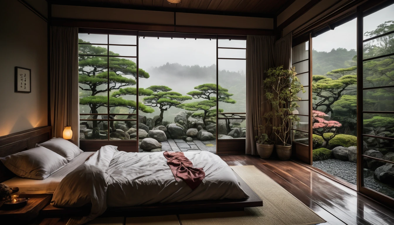 The picture shows a cozy, gloomy, Japanese bedroom with a large window offering a view of the garden, beautiful, dimly lit ornate stones AND a garden filled with FLOWERS, stones from the concept of a Japanese house. CINEMATIC, JAPANESE HOUSE, the shape of a Japanese house, and lots of flower gardens in the garden. The bed was unmade with rumpled sheets, indicating only light sleep. the room is dark, gloomy, looks dim, gloomy. Beside the bed there is a small table with a classic lamp that radiates warm light into the room. Outside the window you can see the lush green of the terrace or balcony area, raindrops, the lamp on the left provides warm lighting, creating a calm and peaceful atmosphere. with fog obscuring part of the view in the distance. The contrast between the warmth indoors and the rain outdoors creates an inviting and calming atmosphere