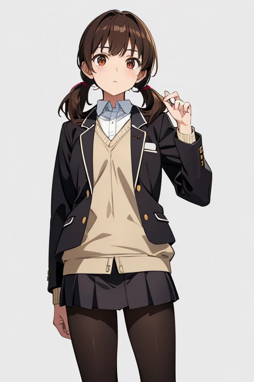 standing, from front, full body shot,one girl, deep brown hair, low twin tails, deep brown eyes, white skin, teenager, , Great Joy, high school girl, , jacket/blazer, slim, looking at viewer, white background