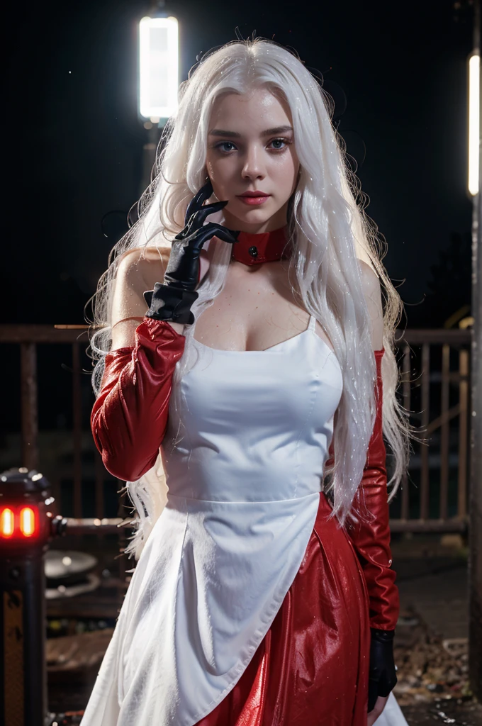 Long white hair girl, red dress, black gloves, lighting blue LED, wet