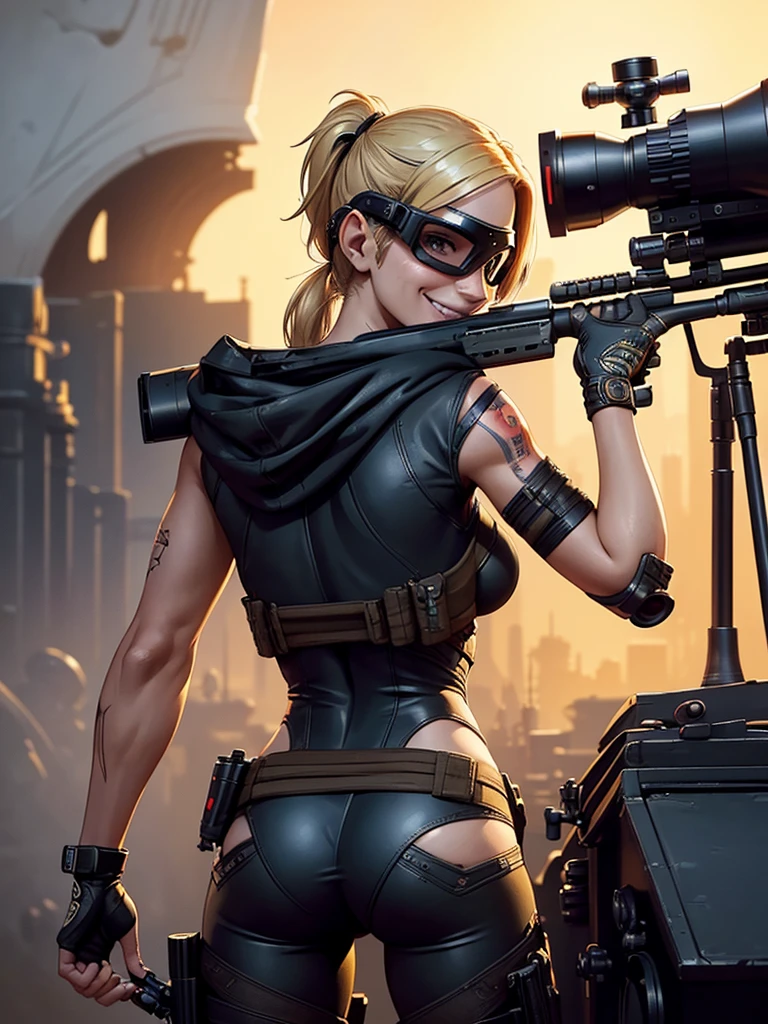 1girl, blonde hair, perfect figure, rebel, half shot, from behind, arched back pose, sexy, (wide smile:1.3), (sniper rifle:1.4), army helmet with goggles, ink illustration, western animation style by (Todd McFarlane:1.3), hard lines, add (fine detail:1.3) to the scene, pay attention to the (framing:1.2), create (rich:1.3) in detail atmospheric background to compliment the overall theme of the composition and bring it to life, to create an (epic:1.2) (masterpiece:1.4), (vibrant colors:1.4), perfect the (highlights:1.2) and (shadows:1.2), (digital ink:1.3), pay special attention to the hands, ensuring they are drawn accurately and with realistic proportions,