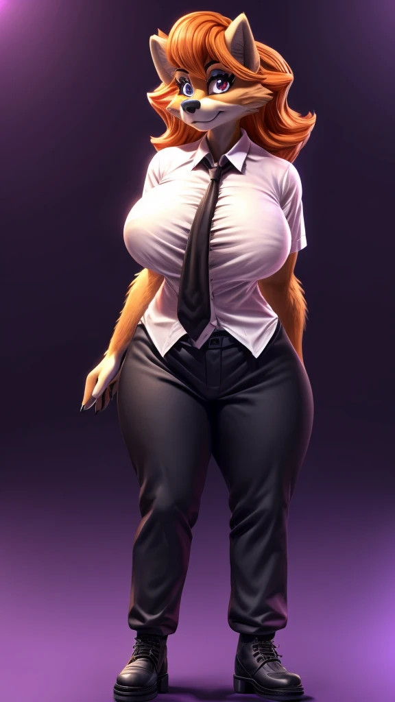 Skye from Paw Patrol, as a female wolf, anthro, mature adult, tall, big breasts, medium thicc thighs, flowy long orange hair, magenta iris, white shirt with black tie, black pants, black shoes, standing, solo, beautiful, high quality, clear background, 4K