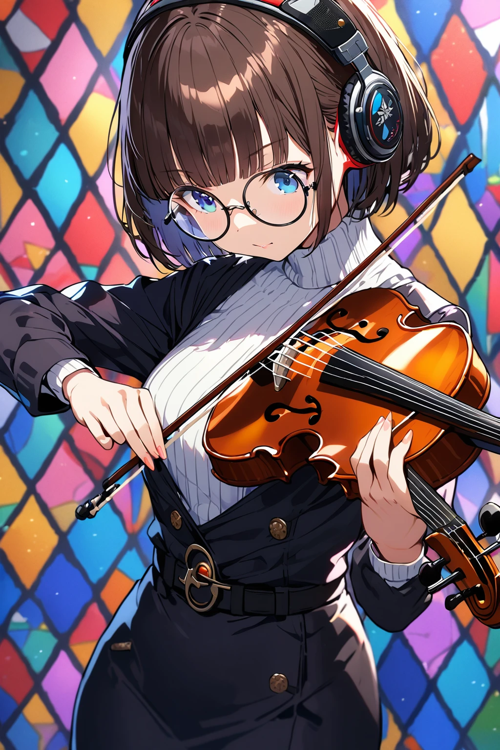 (extremely detailed fine touch:1.3), (((semi-rimless round eyewear:1.3))), (headphone:1.2), short hair, blunt bangs, 1girl,Playing a violin, Turtleneck blouse, pencil skirt, stained glass background,