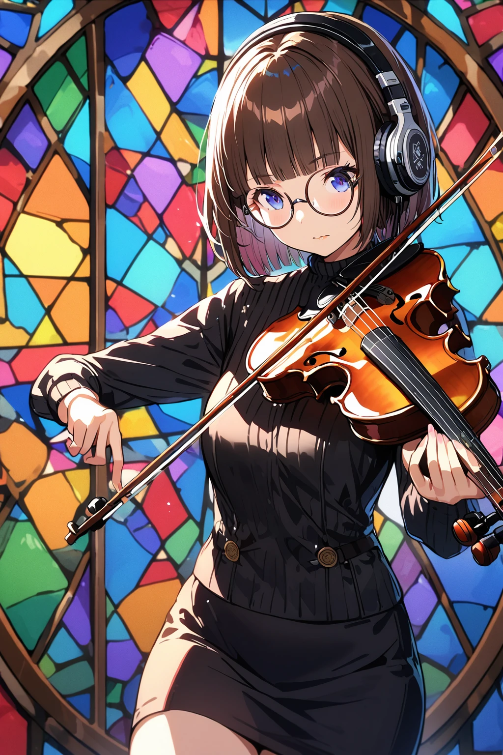 (extremely detailed fine touch:1.3), (((semi-rimless round eyewear:1.3))), (headphone:1.2), short hair, blunt bangs, 1girl,Playing a violin, Turtleneck blouse, pencil skirt, stained glass background,