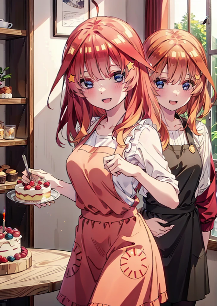 itsukinakano, Itsuki Nakano, bangs, blue eyes, Hair between the eyes, Ahoge, Redhead, star \(symbol\), hair ornaments,happy smile, smile, Open your mouth,cracker, star hair ornaments,Red Tank Top,Long skirt,Black pantyhose,apron,Walking,There is food and a birthday cake on the table,whole bodyがイラストに入るように,
break indoors, room,
break looking at viewer,whole body,
break (masterpiece:1.2), Highest quality, High resolution, unity 8k wallpaper, (figure:0.8), (Beautiful attention to detail:1.6), Highly detailed face, Perfect lighting, Highly detailed CG, (Perfect hands, Perfect Anatomy),