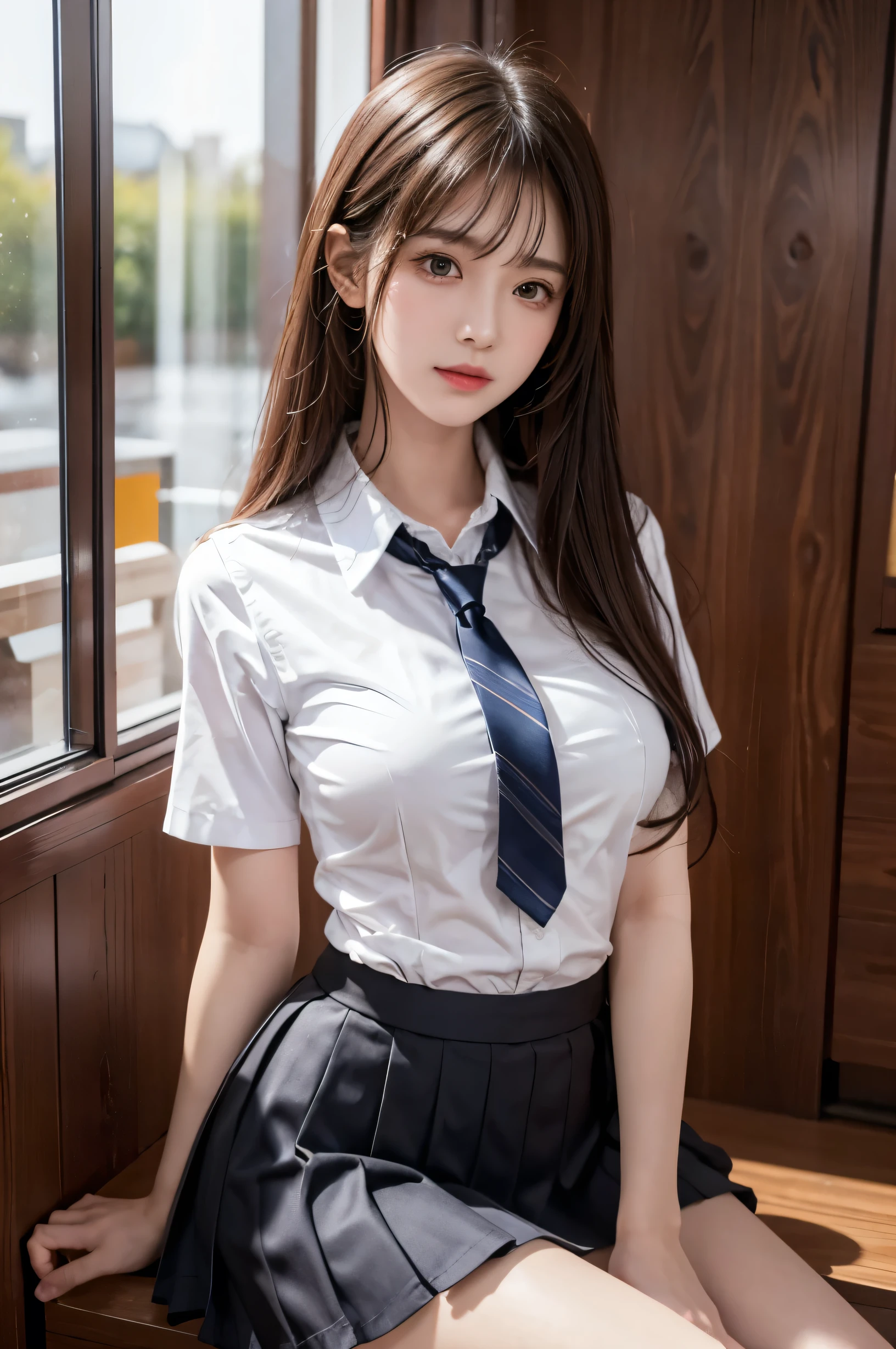 (ultra HD), (School uniform with short sleeves, White collared shirt, Black Skirt), Full body description, Big Breasts, Cleavage, slender, Clean and shiny skin, Whitening, Super slender face, (long hair, Layered Cut, Fluffy hair,light brown), (Double eyelids, Slanted Eyes), Small Nose, Thin lips, Thin legs, classroom