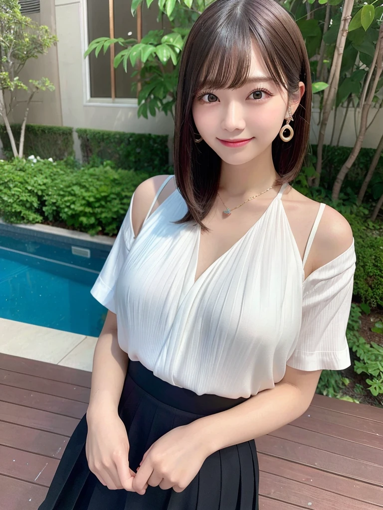 (8k, RAW photo, top quality, masterpiece: 1.2), (realistic, photorealistic: 1.37), three-dimensional, ultra detail, ultra high resolution, beautiful detailed face, one girl, beholder, constriction, slim waist, beautiful detailed skin, skin texture, floating hair, professional lighting, (Japanese beautiful and cute girl:1.2), long hair, bob cut, beautiful hair, 20 years old, slim waist, big breasts, look at viewer, near the pool, (smiles:1.1), bracelet, earing, necklace, (blouse, pleated skirt, skirt lift),