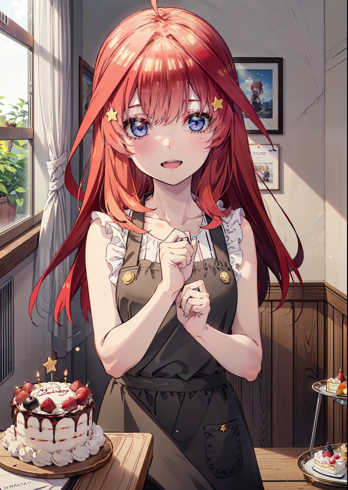 itsukinakano, Itsuki Nakano, bangs, blue eyes, Hair between the eyes, Ahoge, Redhead, star \(symbol\), hair ornaments,happy smile, smile, Open your mouth,cracker, star hair ornaments,Red Tank Top,Long skirt,Black pantyhose,apron,Walking,There is food and a birthday cake on the table,whole bodyがイラストに入るように,
break indoors, room,
break looking at viewer,whole body,
break (masterpiece:1.2), Highest quality, High resolution, unity 8k wallpaper, (figure:0.8), (Beautiful attention to detail:1.6), Highly detailed face, Perfect lighting, Highly detailed CG, (Perfect hands, Perfect Anatomy),