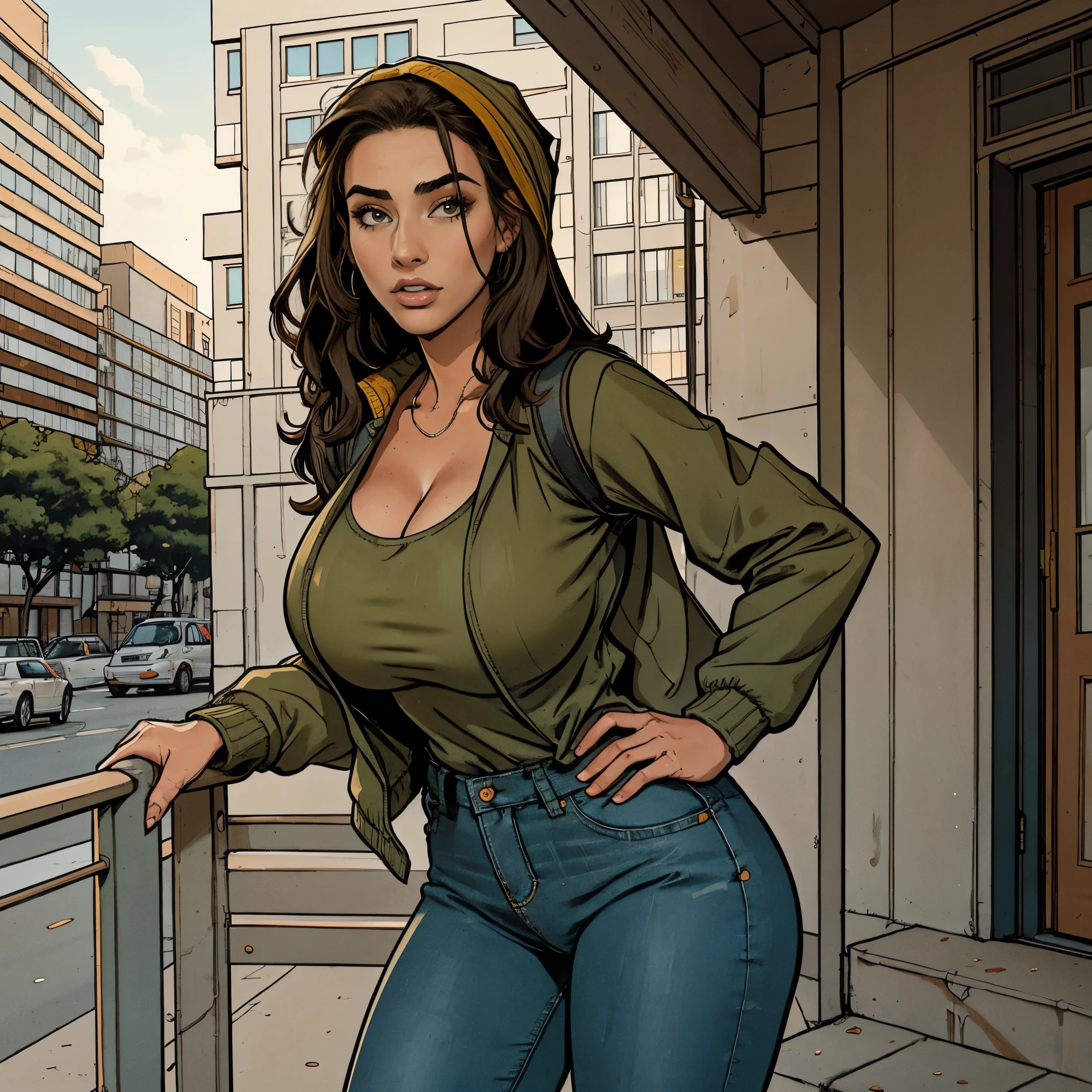 Extremely busty thin and toned brunette photographer, college girl, fair skin, loose side sweep, soft face, athletic, bandana babushka headwrap, tight olive green casual windbreaker, skinny jeans. standing in front of her apartment building, outdoors, city, camera bag, cleavage