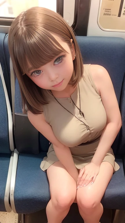 A long, narrow skirt with ankle-length slits、Sleeveless shirt、One girl、Bob Hair、Brown Hair、Medium breast、Beautiful well-formed face、Anatomically correct limbs、Anatomically correct fingerasterpiece:1.3、Highest quality、Raw photo、Inside a New York subway car、Sitting in a seat、Shot to the knee、