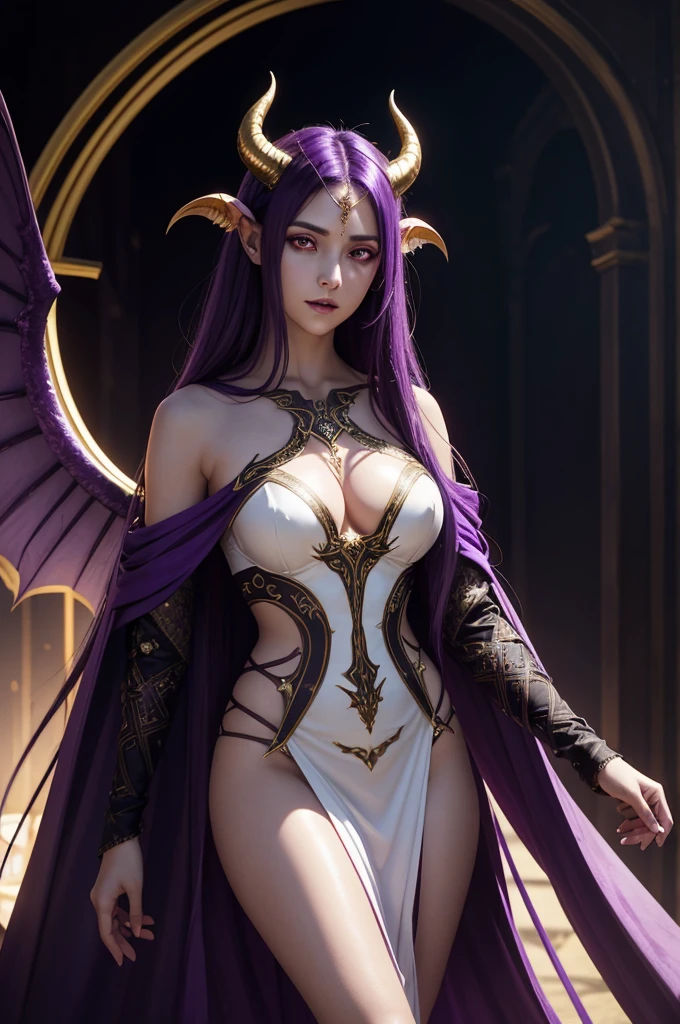 a young adult female succubus, long brown shoulder-length hair, thin horns protruding from forehead, golden eyes, purple skin, purple wings and tail, almond-shaped eyes, wearing a white dress, intricate details, 8k, realistic, cinematic lighting, atmospheric, dark fantasy, vibrant colors