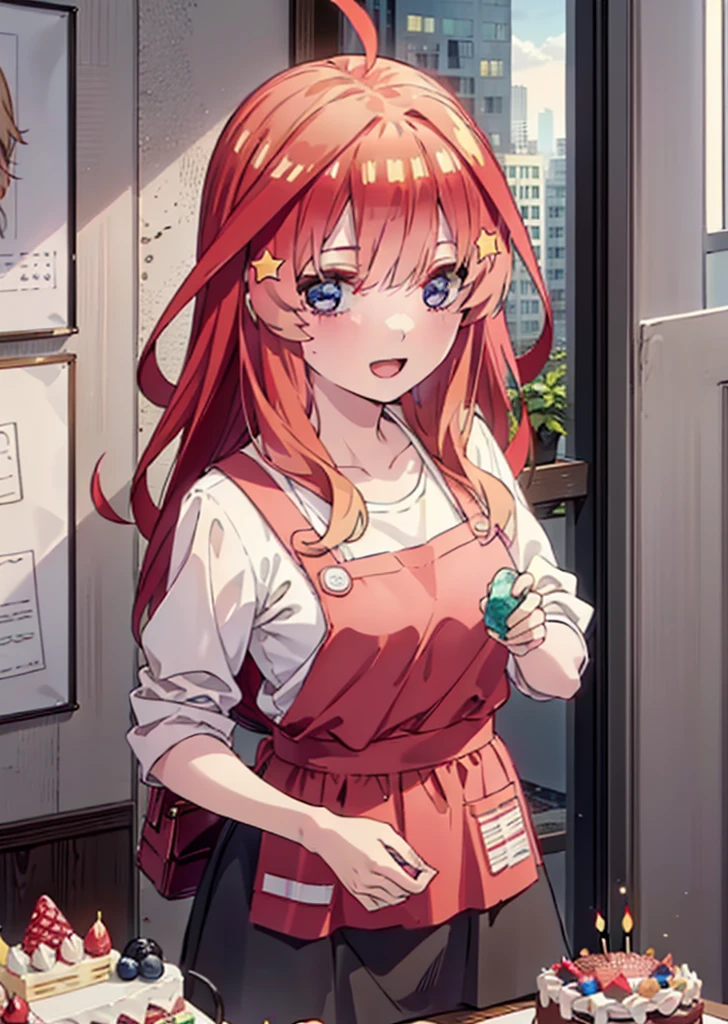 itsukinakano, Itsuki Nakano, bangs, blue eyes, Hair between the eyes, Ahoge, Redhead, star \(symbol\), hair ornaments,happy smile, smile, Open your mouth,cracker, star hair ornaments,Red Tank Top,Long skirt,Black pantyhose,apron,Walking,There is food and a birthday cake on the table,whole bodyがイラストに入るように,
break indoors, room,
break looking at viewer,whole body,
break (masterpiece:1.2), Highest quality, High resolution, unity 8k wallpaper, (figure:0.8), (Beautiful attention to detail:1.6), Highly detailed face, Perfect lighting, Highly detailed CG, (Perfect hands, Perfect Anatomy),