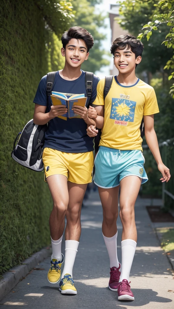 A heartwarming moment between two best friends, both Indian 20-year-old boys, as they stride confidently towards their school on a vibrant, sun-kissed morning. The boy in the foreground, with a round, jovial face and a hint of a double chin, is dressed in a canary yellow T-shirt that stretches comfortably over his cheerful demeanor. His attire is completed with a pair of thigh-high shorts in the same shade of yellow, showcasing his thick, muscular legs and a delightful sense of fashion. Adorning his ankles are a set of mismatched, knee-high socks—one with cartoon fish and the other with colorful polka dots—adding a whimsical touch to his ensemble. His eyes sparkle with mischief, hunting at the playful banter that surely fills their walks together. His friend, a slender young man with a cute, dimpled smile, mirrors his outfit with an identical yellow T-shirt and thigh-high shorts, yet opts for more coordinated striped socks. Both friends share a hearty laugh as they compare their sock choices, their camaraderie lighting up the scene. Their backpacks, slung over their shoulders, are filled with books and the anticipation of the school day ahead. The yellow theme of their outfits pops against the deep blue of their backpacks, which are adorned with patches representing their favorite hobbies and interests. The background is a picturesque blend of the schoolyard with its blooming flowers, lush greenery, and a few fellow students milling about, creating a sense of a warm, welcoming environment. The sun casts long shadows behind them, emphasizing their strong bond as they navigate the path of friendship and education hand in hand. The atmosphere is one of youthful exuberance and companionship, capturing the essence of two souls who embrace their individuality and find joy in their shared experiences.